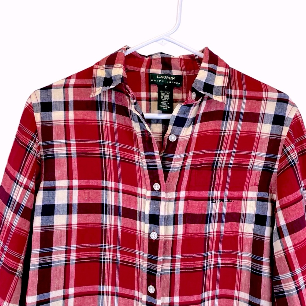 VTG Lauren Ralph Lauren 100% Linen Plaid Button Up Shirt Navy Red Off-White S/M - Picture 3 of 14